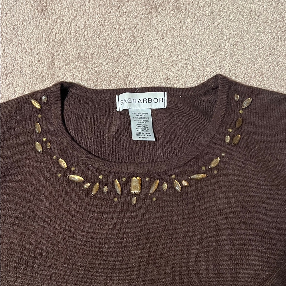 Sag Harbor Brown Jeweled Crew-Neck Sweater size L